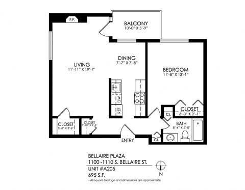 Floor plan for 1 bed, 1 bath, 670 sqft